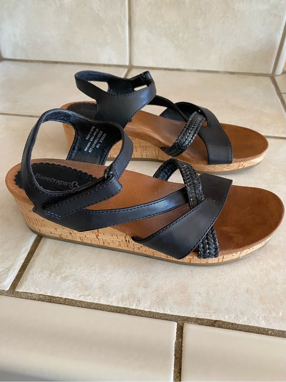 BareTraps Black Braided-Strap Cork Wedge Sandals